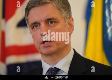 Ambassador of Ukraine to the UK, Vadym Prystaiko speaks to the media at the Ukrainian Embassy in west London, following the Russian invasion of Ukraine. Picture date: Thursday February 24, 2022. Stock Photo