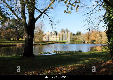 View of Chilham Castle through parkland from Mountain Street, Chilham, Canterbury, Kent, England, United Kingdom Stock Photo