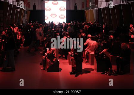 Milan, Italy. 23rd Feb, 2022. Guests seen at the event. The Italian young designer Marco Rambaldi presented his collection for autumn and winter 2022/23 at Milan Fashion Week Fall-Winter 2022-2023. Credit: SOPA Images Limited/Alamy Live News Stock Photo