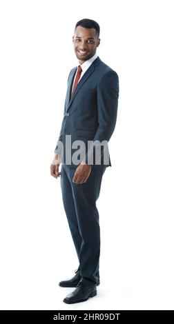 Hes the ideal employee. A happy businessman isolated on white while smiling. Stock Photo