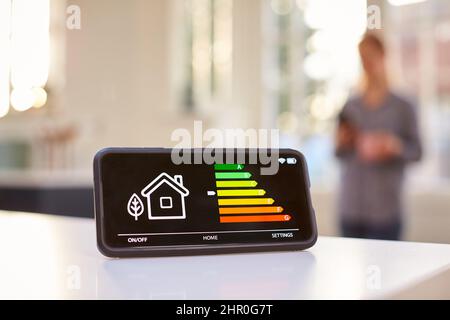 Smart Energy Meter In Kitchen Measuring Energy Efficiency With Figure In Background Stock Photo