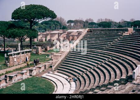 Ostia Antica - large archaeological site in progress, location of the harbour city of ancient Rome.  Theatre.  Archival scan from a slide. April 1970. Stock Photo