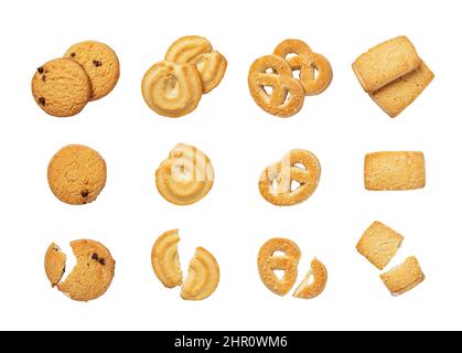 Set of danish butter cookies isolated on a white background. Whole and broken pretzel, round and rectangular shortbread biscuits with sugar cutout. Stock Photo
