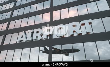 Airport sign on a modern glass skyscraper. Airport terminal building. 3d rendering Stock Photo