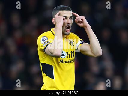 London, UK. 24th Feb, 2022. Conor Coady of Wolverhampton Wanderers reacts during the Premier League match at the Emirates Stadium, London. Picture credit should read: David Klein/Sportimage Credit: Sportimage/Alamy Live News Stock Photo