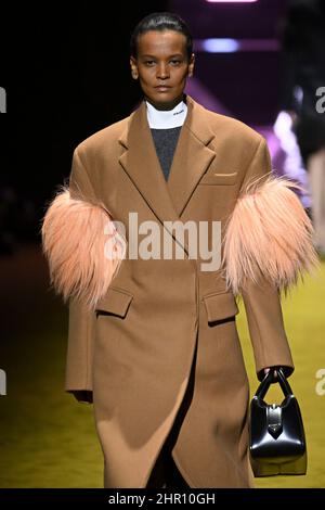 Milan, Italy. 24th Feb, 2022. Model Liya Kebede walks on the runway at the Prada fashion show during Fall Winter 2022 Collections Fashion Show at Milan Fashion Week in Milan, Italy on February 24, 2022. (Photo by Jonas Gustavsson/Sipa USA) Credit: Sipa USA/Alamy Live News Stock Photo