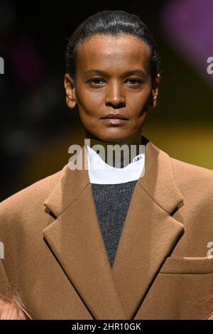 Milan, Italy. 24th Feb, 2022. Model Liya Kebede walks on the runway at the Prada fashion show during Fall Winter 2022 Collections Fashion Show at Milan Fashion Week in Milan, Italy on February 24, 2022. (Photo by Jonas Gustavsson/Sipa USA) Credit: Sipa USA/Alamy Live News Stock Photo