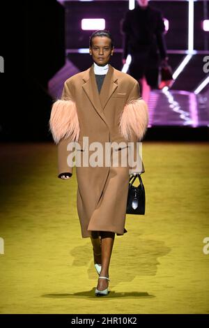 Milan, Italy. 24th Feb, 2022. Model Liya Kebede walks on the runway at the Prada fashion show during Fall Winter 2022 Collections Fashion Show at Milan Fashion Week in Milan, Italy on February 24, 2022. (Photo by Jonas Gustavsson/Sipa USA) Credit: Sipa USA/Alamy Live News Stock Photo