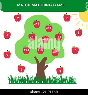 Match educational game for kids. Matching mathematics activity with apples. Counting game for children. Study addition. Stock Photo