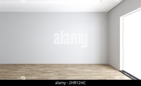 Empty room with big window and parquet floor concept 3d rendering Stock Photo