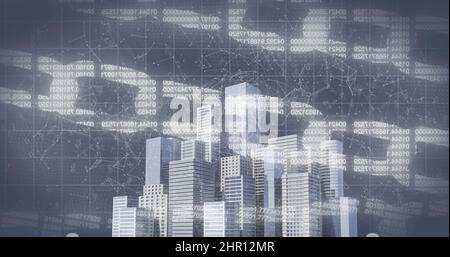 Image of shapes and digital chains over cityscape Stock Photo