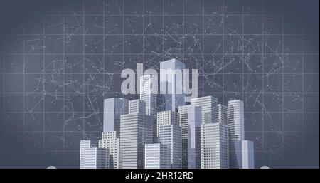 Image of shapes and digital chains over cityscape Stock Photo