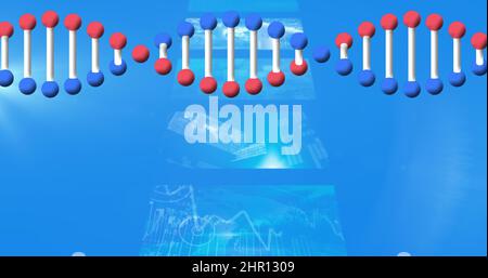 Image of dna strand spinning and medical data on screens on blue background Stock Photo