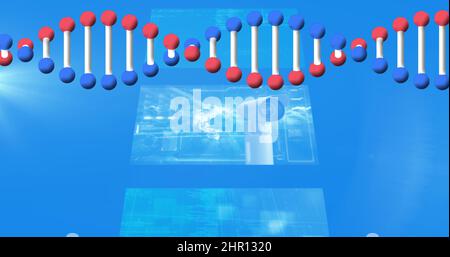 Image of dna strand spinning and medical data on screens on blue background Stock Photo