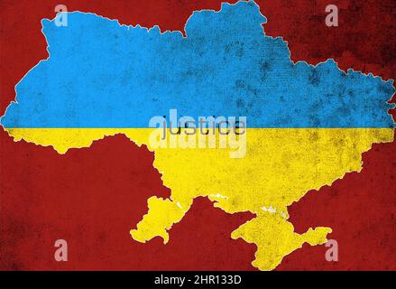 The map and the flag of Ukraine on a red background. Justice word on map. Russian invasion concept Stock Photo