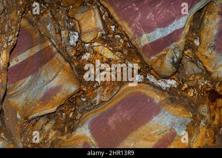 Gallery wall of an iron mine in pink sandstone, Vosges du Nord Regional Nature Park, France Stock Photo