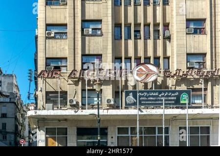 January, 13th 2022: Air Algérie Airlines main branch, in the same building as the National Office of Culture and Information ONCI. Logo, name plate. Stock Photo