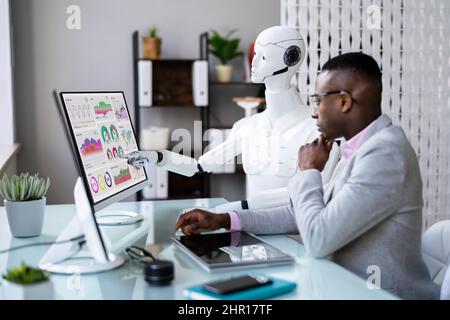 AI Humanoid Advisor Robot Looking At KPI Data Dashboard Stock Photo