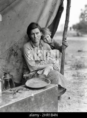 Dorothea Lange Iconic Migrant Mother” came to symbolize the hunger, poverty and hopelessness endured by so many Americans during the Great Depression. Stock Photo