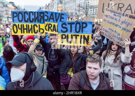 Prague, Czech Republic. 24th Feb, 2022. Protesters hold placards expressing their opinions during the demonstration. Several thousand demonstrators attended a rally in Prague to show support of Ukraine after Russian president Vladimir Putin authorized military operation in Ukraine. Credit: SOPA Images Limited/Alamy Live News Stock Photo