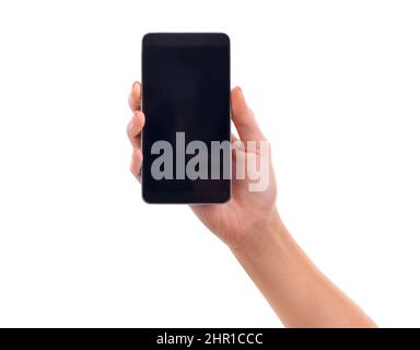 This smartphone is simple and effective. Cropped shot of a womans hand holding a smartphone. Stock Photo