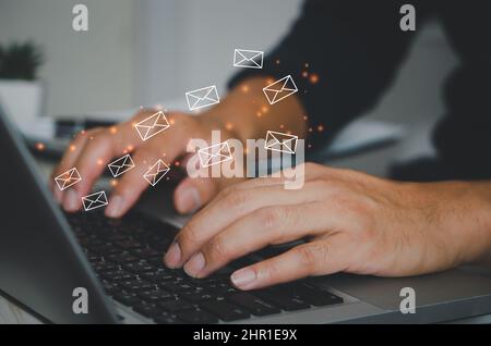 Marketing business sending information to customers or hacking online transactions. Business concept technology. Stock Photo