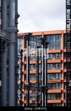 Architectural detail at Coal Drops Yard, King's Cross. Historic coal sheds were redeveloped by Thomas Heatherwick into a contemporary living. Stock Photo