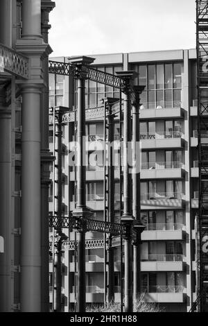 Architectural detail at Coal Drops Yard, King's Cross. Historic coal sheds were redeveloped by Thomas Heatherwick into a contemporary living. Stock Photo