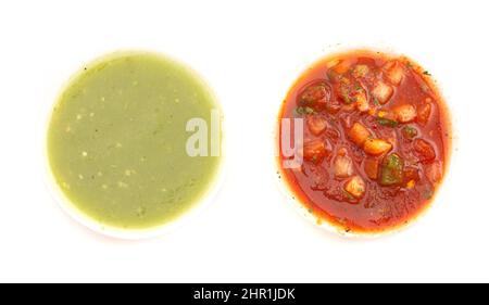 Two Bowls Salsa Both Green and Red Isolated on a White Background Stock Photo
