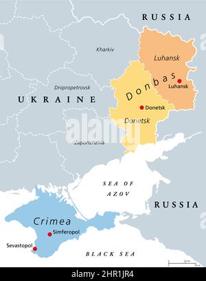 Donbas area and Crimea, Ukraine political map. The disputed areas Crimea peninsula on the coast of Black Sea, and the Donbass region formed by Luhansk. Stock Photo