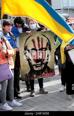 Madrid, Spanien. 24th Feb, 2022. Madrid, Spain, 24.02.2022.- Javier Bardem, Oscar candidate actor, supports Ukrainian protesters. More than a hundred Ukrainians demonstrate in front of the Russian embassy to the Kingdom of Spain, after the attack carried out by the Russian army on Ukraine. Credit: Juan Carlos Rojas/dpa/Alamy Live News Stock Photo