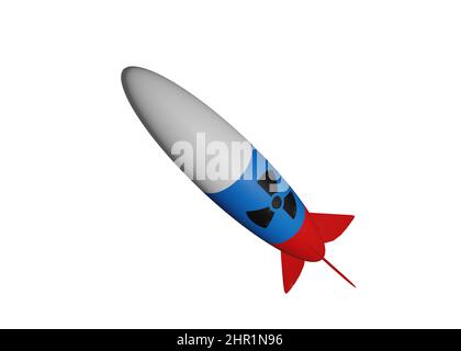 Rocket with russian flag paint and nuclear danger sign. Russian Nuclear weapon abstract concept, 3D rendered illustration. Stock Photo