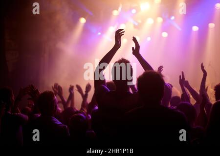 Rock on. Rear view of a music fan dancing with her arms raised at a music concert. Stock Photo