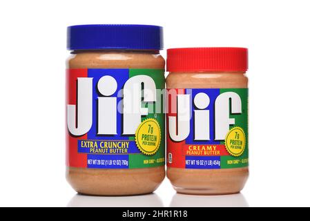 IRVINE, CALIFORNIA - 21 FEB 2022: Two jars of JIF Peanut Butter, Extra Crunch and Creamy. Stock Photo