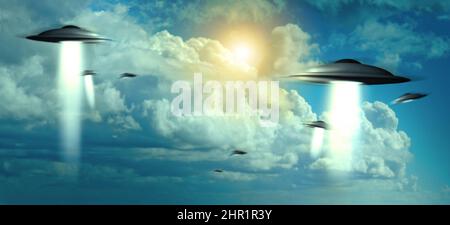 Theyre here. Group of spaceships in the sky. Stock Photo