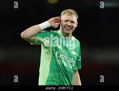 London, UK. 25th Feb, 2022. Arsenal's goalkeeper Aaron Ramsdale celebrates after the English Premier League match between Arsenal and Wolverhampton Wanderers in London, Britain, on Feb. 24, 2022. Credit: Xinhua/Alamy Live News Stock Photo