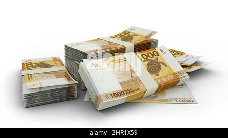 3D Stack of CFP franc notes isolated on white background Stock Photo