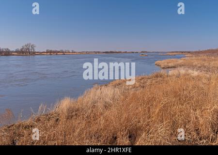 Broad Western River in the Great Plains on the Platte River Near Kearney, Nebraska Stock Photo