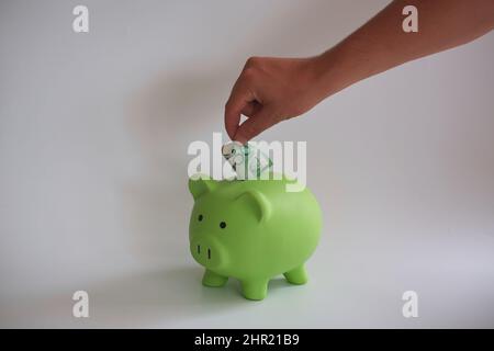 Piggy Bank with $100 Australian dollar banknote. Stock Photo