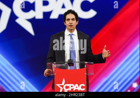 Former New York Times reporter and COVID-19 vaccine critic Alex Berenson addresses attendees on day one of the 2022 Conservative Political Action Conference (CPAC) in Orlando.  Former U.S. President Donald Trump is scheduled to speak at the four-day gathering of conservatives. Stock Photo