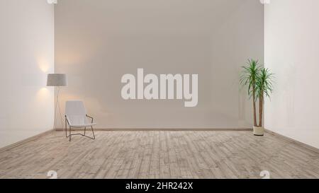 3d render of bright white modern interior living room mockup, empty room illustration, living room design, oak floor, lounge chair, lamp, indoor plant Stock Photo