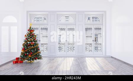 3d empty room render with Christmas tree, wooden floor, white wall, pine tree, red gift boxes, balloons, gold ribbons, christmas decoration background Stock Photo