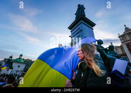 A member of Ukrainian community holds a giant natiional Ukrainian flag.  Following the beginning of the Russian invasion of Ukraine, members of the Uk Stock Photo