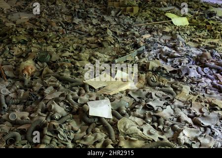 Ukraine, in the restricted and uninhabitable 30 kilometer zone around the Chernobyl power plant and the Pripyat labor camp, Gasmask Stock Photo