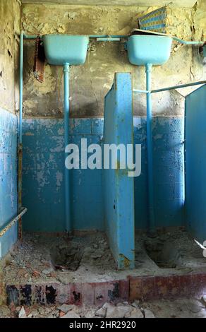Ukraine, in the restricted and uninhabitable 30 kilometer zone around the Chernobyl power plant and the Pripyat labor camp, toilets Stock Photo