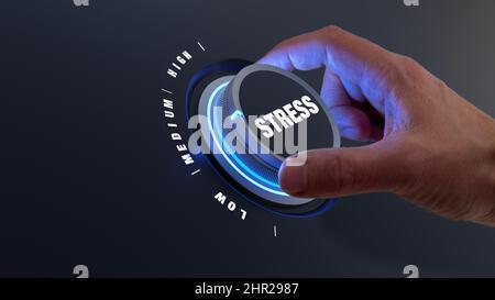 Reduce stress with hand turning knob to lower levels. Burnout, exhaustion, overload, pressure at the workplace and management concept. Relieve tension Stock Photo