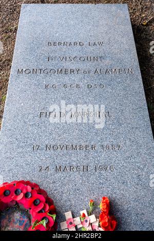 Grave of Bernard Law 1st Viscount Montgomery of Alamein, British Field Marshal known as Monty, Holy Cross Church, Binsted, Hampshire, England, UK Stock Photo