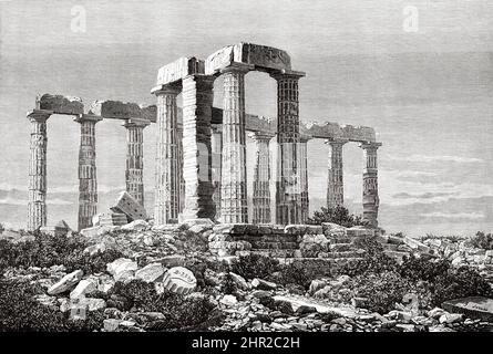 Temple of Poseidon at Cape Sounion. Attica, Greece. Voyage in Greece by Henri Belle Stock Photo