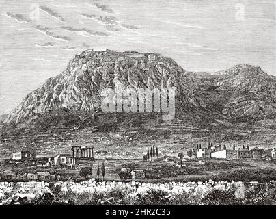 Ruins of temple in Corinth, Greece. Voyage in Greece by Henri Belle Stock Photo