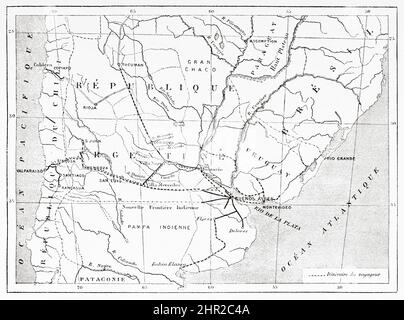 Map of the trip from Montevideo in Uruguay to Santa Rosa in Chile made by Desiré Charnay in the year 1876. South America. Through the Pampas and the Cordillera, from Montevideo to Santa Rosa (Chile) by Desiré Charnay, 1876 Stock Photo